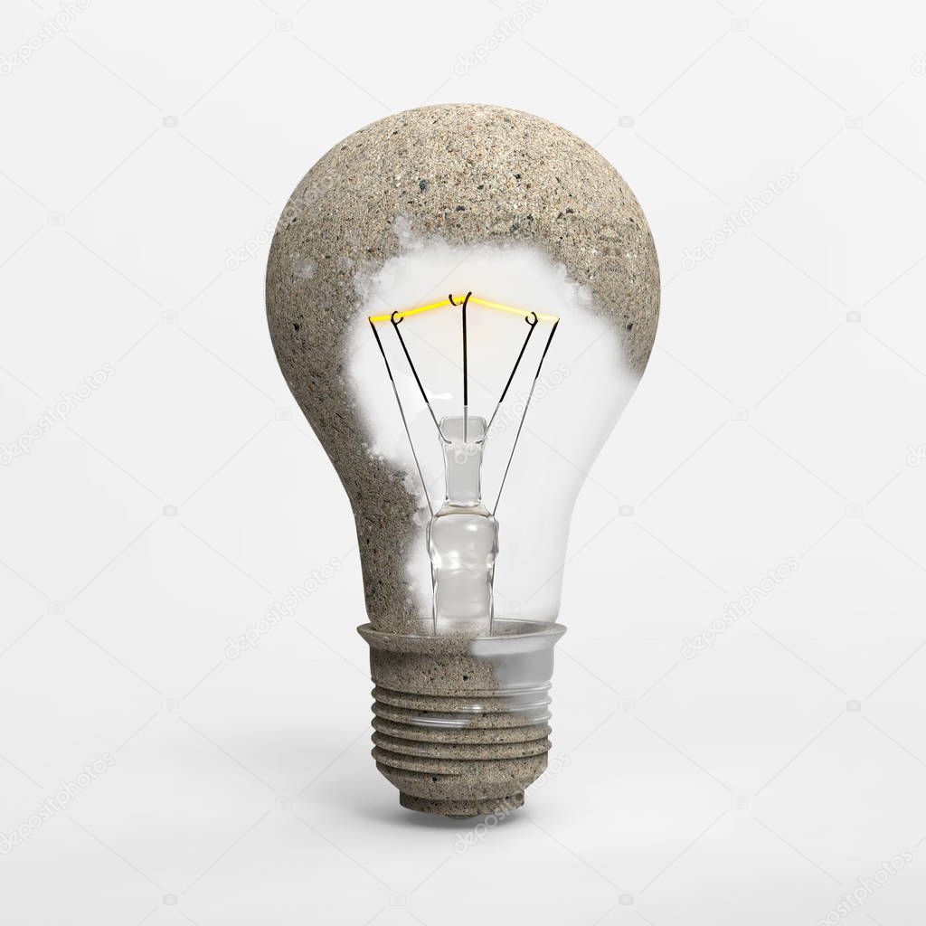 3D light bulb idea and creative symbol with dust sand covering isolated on white background with clipping path for diecut to use in any backdrop