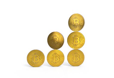 Bitcoin altın mockup 3d render kırpma yoluyla herhangi bir zemin içinde kullanmak diecut için beyaz arka plan üzerinde istifleme