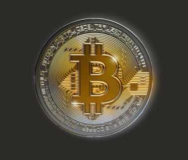 Bitcoin gümüş mockup 3d render herhangi bir zemin içinde kullanmak diecut için kırpma yolu ile koyu gri arka plan üzerinde parlayan altın çeviriyor