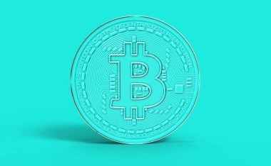 Bitcoin mockup 3d render kırpma yoluyla diecut herhangi bir zemin kullanılacak nesnenin için yeşil turkuaz pastel şablon arka plan üzerinde