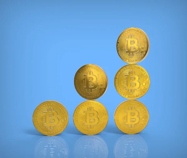 Bitcoin Maqueta Oro Apilamiento Sobre Fondo Brillante Azul Con Ruta — Foto de Stock