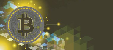 Sarı renk tonu kahverengi şablon arka plan metin yerleşim yeri olan Bitcoin ve blockchain teknoloji kavramı