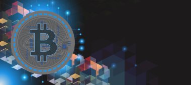 Bitcoin ve blockchain teknoloji kavramı içinde metin yerleşim yeri olan siyah şablon arka plan üzerinde renkli