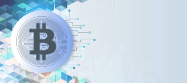 Metin düzeni için alan beyaz şablon zemin üzerine Bitcoin ve blockchain teknoloji kavramı