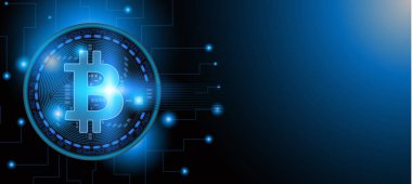 Üzerinde koyu mavi şablon arka plan metin yerleşim yeri olan Bitcoin ve blockchain teknoloji kavramı
