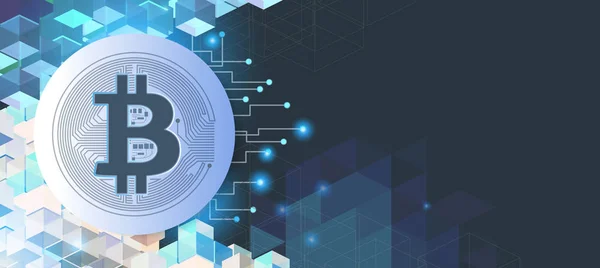 Concepto Tecnología Bitcoin Blockchain Sobre Fondo Plantilla Azul Oscuro Con — Vector de stock