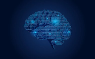 Dijital grafik beyin illüstrasyon koyu mavi arka plan üzerinde parlayan