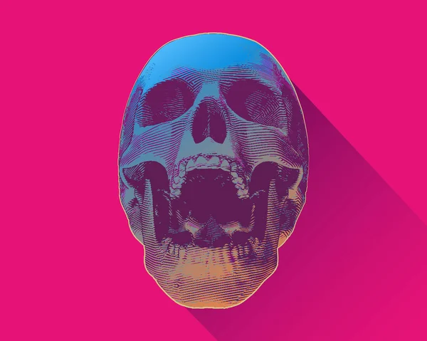 Grabado Multicolor Cráneo Ilustración Grito Sobre Fondo Rosa Con Sombra — Vector de stock