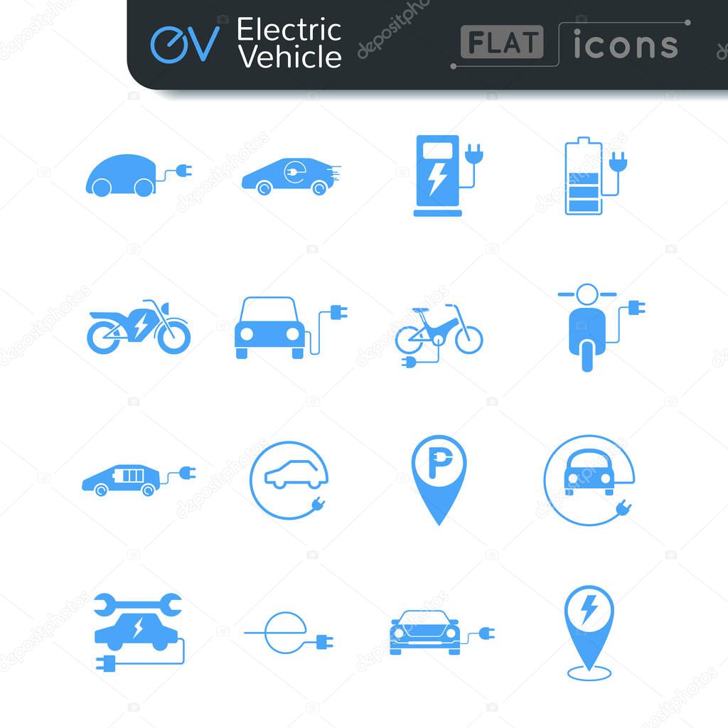 Electric vehicle flat icon set in blue color
