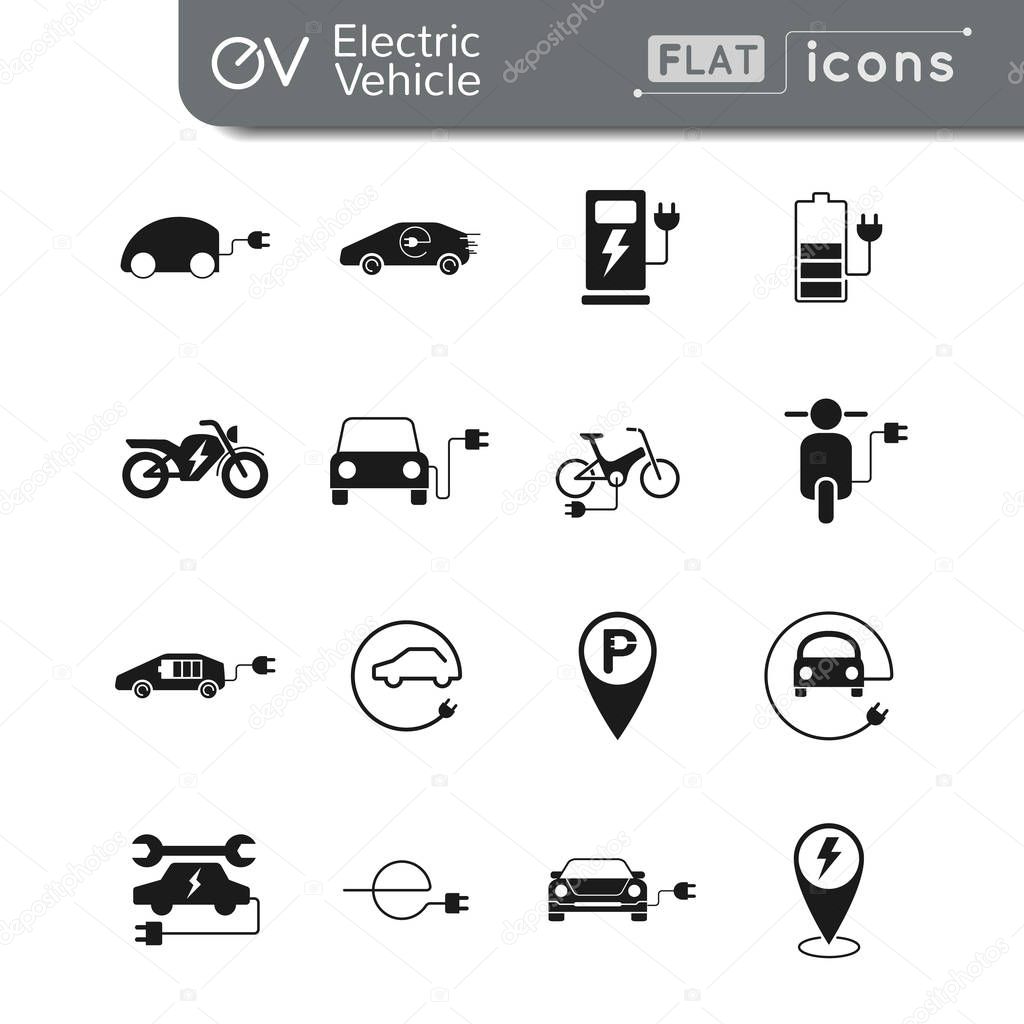 Electric vehicle flat icon set in monochrome color