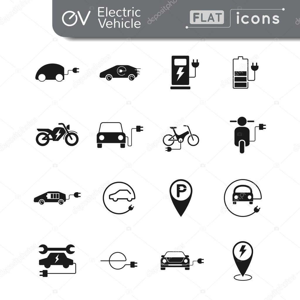 Electric car and vehicle black flat vector icon set for EV pictogram concept easy to edit stroke and color