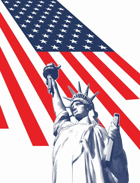 Gravyr Liberty illustration med USA flagga på vit BG — Stock vektor