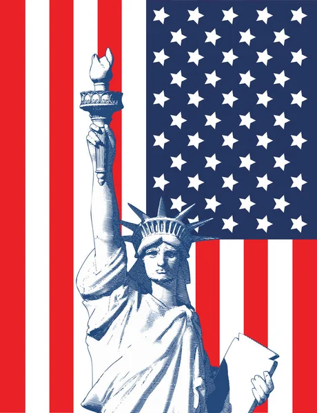Гравировка свободы с флагом США на белом BG — стоковый вектор