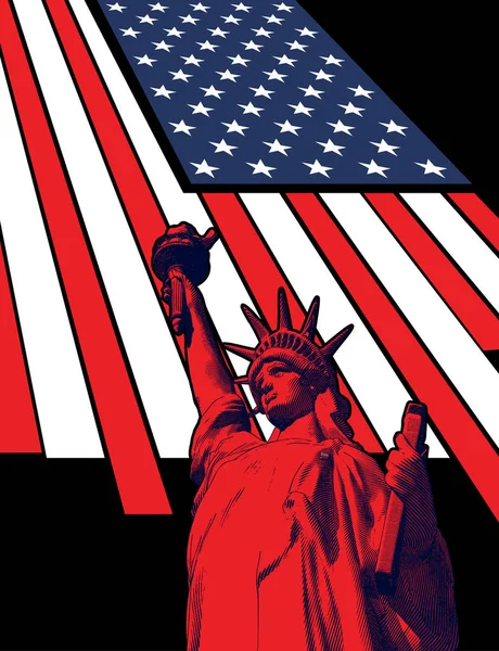 Grawerowanie wolność ilustracja z flagą USA na czarnym BG — Wektor stockowy