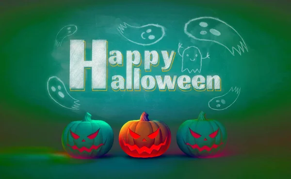Renderowanie 3D Halloween dyni świecące na zielonej planszy BG z gr — Zdjęcie stockowe