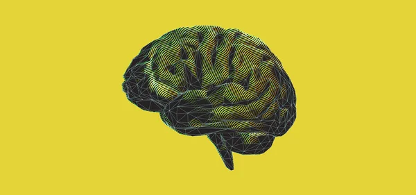 Bunte polygonale Gehirngrafik auf gelbem Bg — Stockvektor