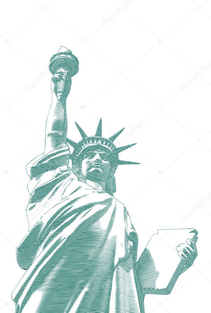 Monochrome green engraved vintage drawing liberty lady statue from low angle worm eye view camera illustration isolated on white background