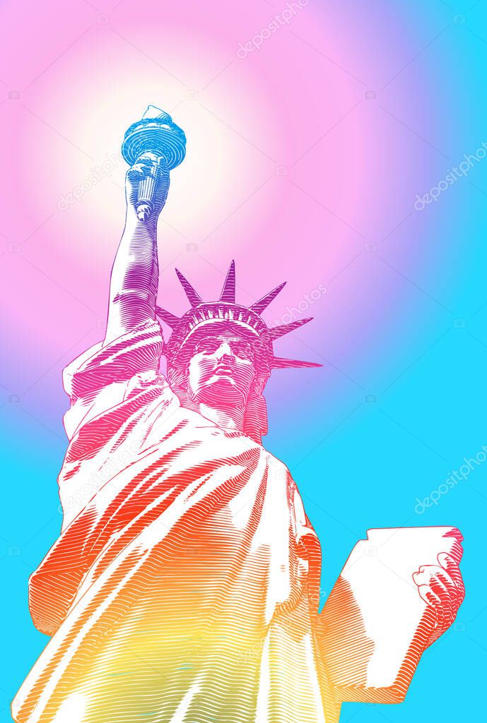 Engraved vintage drawing liberty lady statue from low angle worm eye view camera with multicolor illustration isolated on blue background