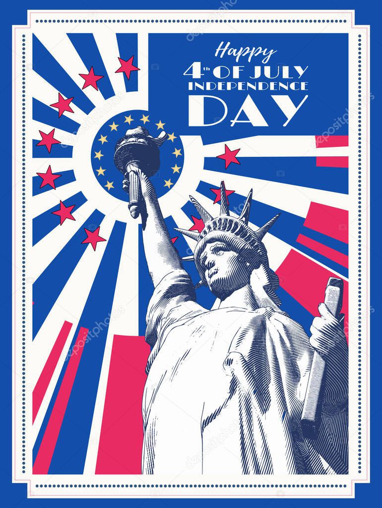 Vintage engraved drawing statue of  lady liberty on sun shining retro style vector illustration in blue red and white background patriot color theme for 4th of July independence day celebration