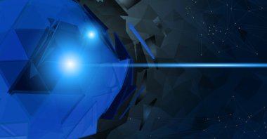 Mavi soyut çokgen üçgen küre şekil kombinasyonu koyu çokgen grafik şablon arka planında parlıyor