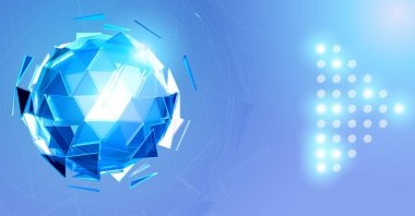 Mavi soyut çokgen üçgen küre, açık mavi mor uzay grafik şablonu üzerinde teknolojinin kavramsal noktaları için parlayan ok noktalarıyla birlikte şekil kombinasyonu