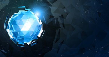 Teknolojik kavramsal arkaplan için koyu çokgen grafik şablon üzerinde mavi soyut çokgen üçgen küre şekil kombinasyonu