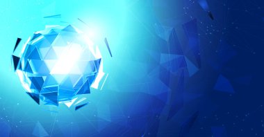 Teknolojik kavramsal arkaplan için açık mavi çokgen grafik şablon üzerinde mavi soyut çokgen üçgen küre şekil kombinasyonu