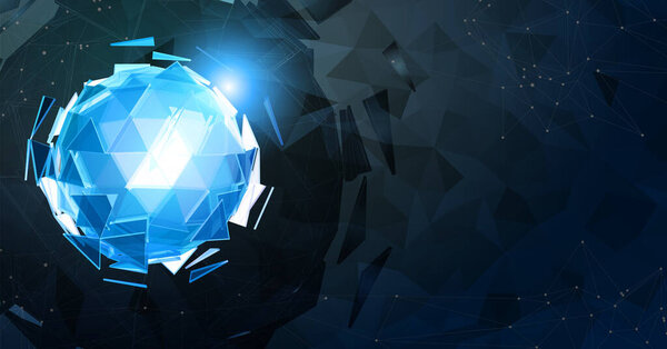 Синяя абстрактная комбинация формы многоугольной сферы на фоне темно-полигонального графического шаблона для концептуальной технологии