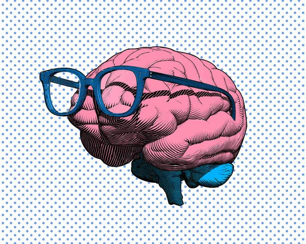蓝色波尔卡圆点和白色背景上的侧视画图显示了彩色复古流行艺术用眼眼镜雕刻人脑 — 图库矢量图片