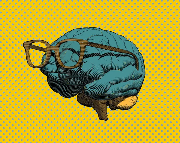 蓝色波尔卡圆点和黄色背景上的侧视画图显示了彩色复古流行艺术用眼眼镜雕刻人脑 — 图库矢量图片