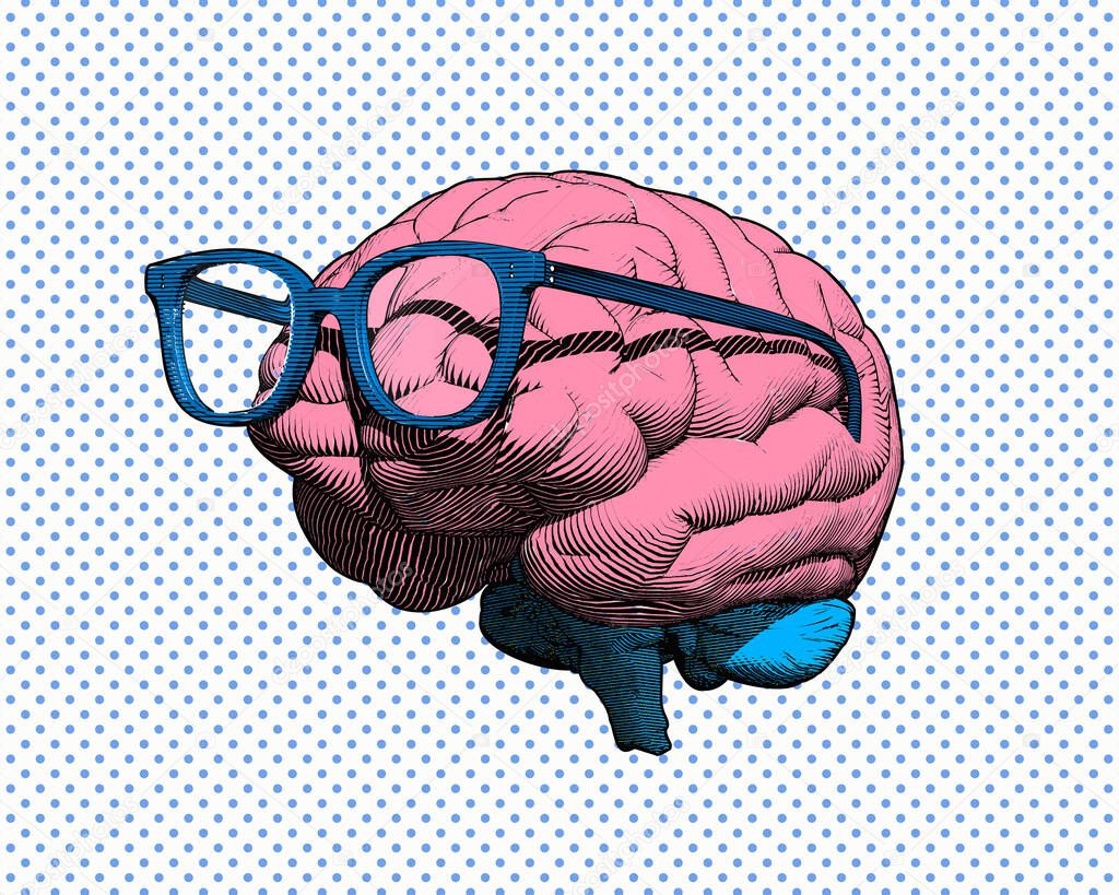 Color retro pop art engraving human brain with eye glasses illustration in side view isolated on blue polka dot and white background