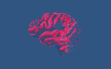 Koyu mavi arka planda izole edilmiş doku çizimi ile kırmızı insan beyin hücresi zarar verici