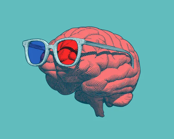 Retro Arte Pop Naranja Grabado Cerebro Humano Con Ilustración Gafas — Vector de stock