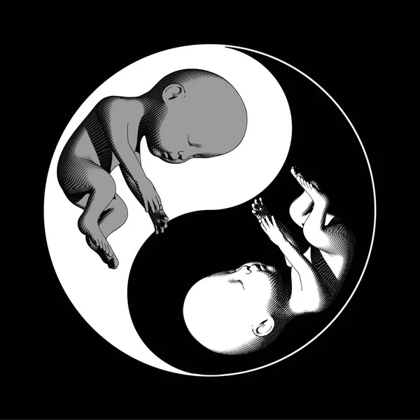 Monochromatyczny Czarno Biały Chiński Symbol Yin Yang Ludzkim Płodem Ilustracja — Wektor stockowy