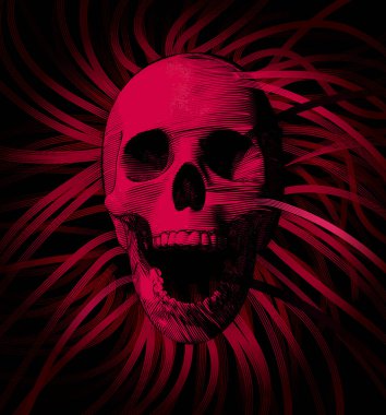 Kırmızı vintage oyma insan kafatası açık ağız çene vektör çizimi kırmızı kurdele çizgi arkaplan izole