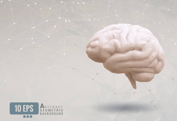 Яркий многоугольный мозг на фоне абстрактного геометрического шаблона с абстрактной памятью, связанной концептуальной