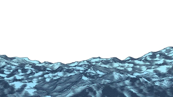 青ヴィンテージ抽象彫刻波状と嵐の海を描くか 白い空白のスペースの背景に斜面の粗い地面 — ストックベクタ