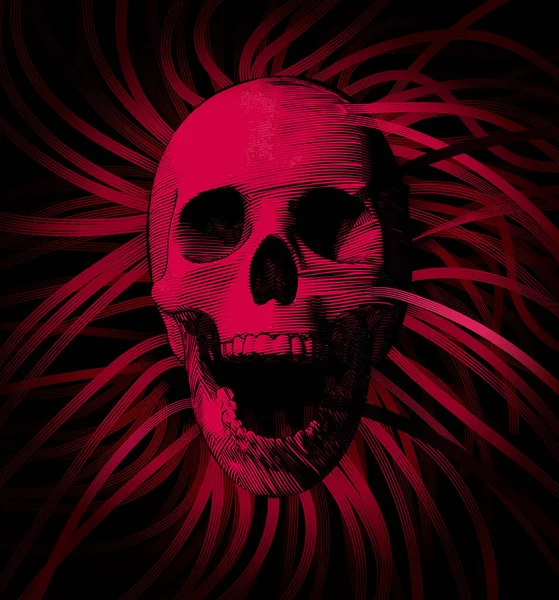 Rojo Vintage Grabado Dibujo Cráneo Humano Boca Abierta Mandíbula Vector — Vector de stock