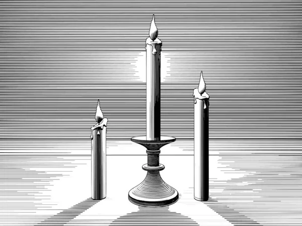 单色雕刻的绘画蜡烛和用烛台照明的火 在线条艺术老式风格的背景上隔离 — 图库矢量图片