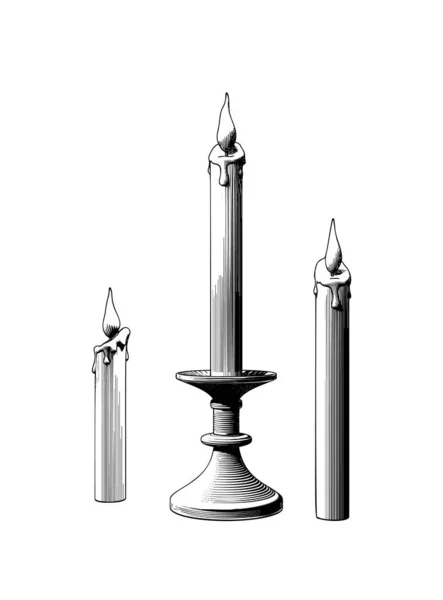 Monochrome Engraved Vintage Drawing Candles Fire Candlestick Holder Illustration Isolated — Stock Vector