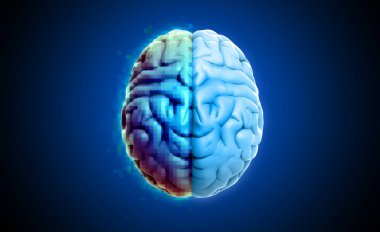 3D görüntüleme insan beyni dijital pixelate sol ve organın sağ serebral ayırıcı üst görünümde koyu arkaplan üzerinde parlayan ölüm için kırpma yolu herhangi bir arkaplan düzeni kesme