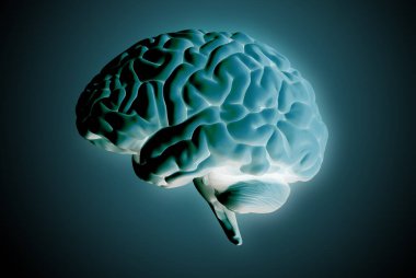 3D görüntüleme yeşil negatif insan beyni yan görünümü izole ve ayrışma kırpma yolu ile siyah arkaplan üzerinde parlayan