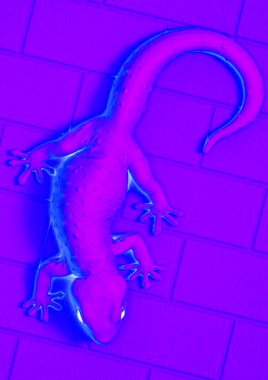3 boyutlu görüntüleme Tokay gecko illüstrasyon üst kamera görüntüsü sürünüyor ve mor tuğla desen şablon arka planı kırpma yolu ile karıştırıcı renk