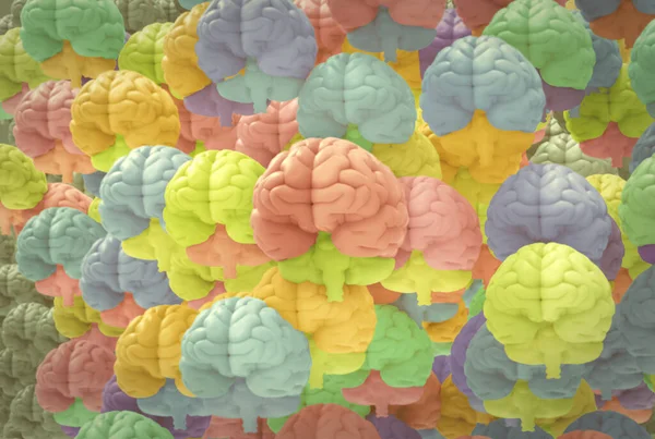 3 boyutlu resimleme insan beyninin çeşitli renklerinde kalabalığın arka planında