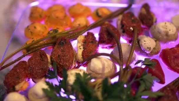 Шведский стол: Прекрасные блюда на столе — стоковое видео