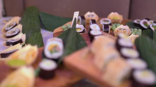 Mezcla de sushi y rollos macro — Vídeo de stock