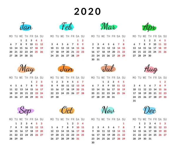 2020 año tarjetas de calendario aisladas en la ilustración vectorial de fondo oscuro con meses y días de color. Planificador de diseño vectorial durante 12 meses. Uso de impresión — Vector de stock