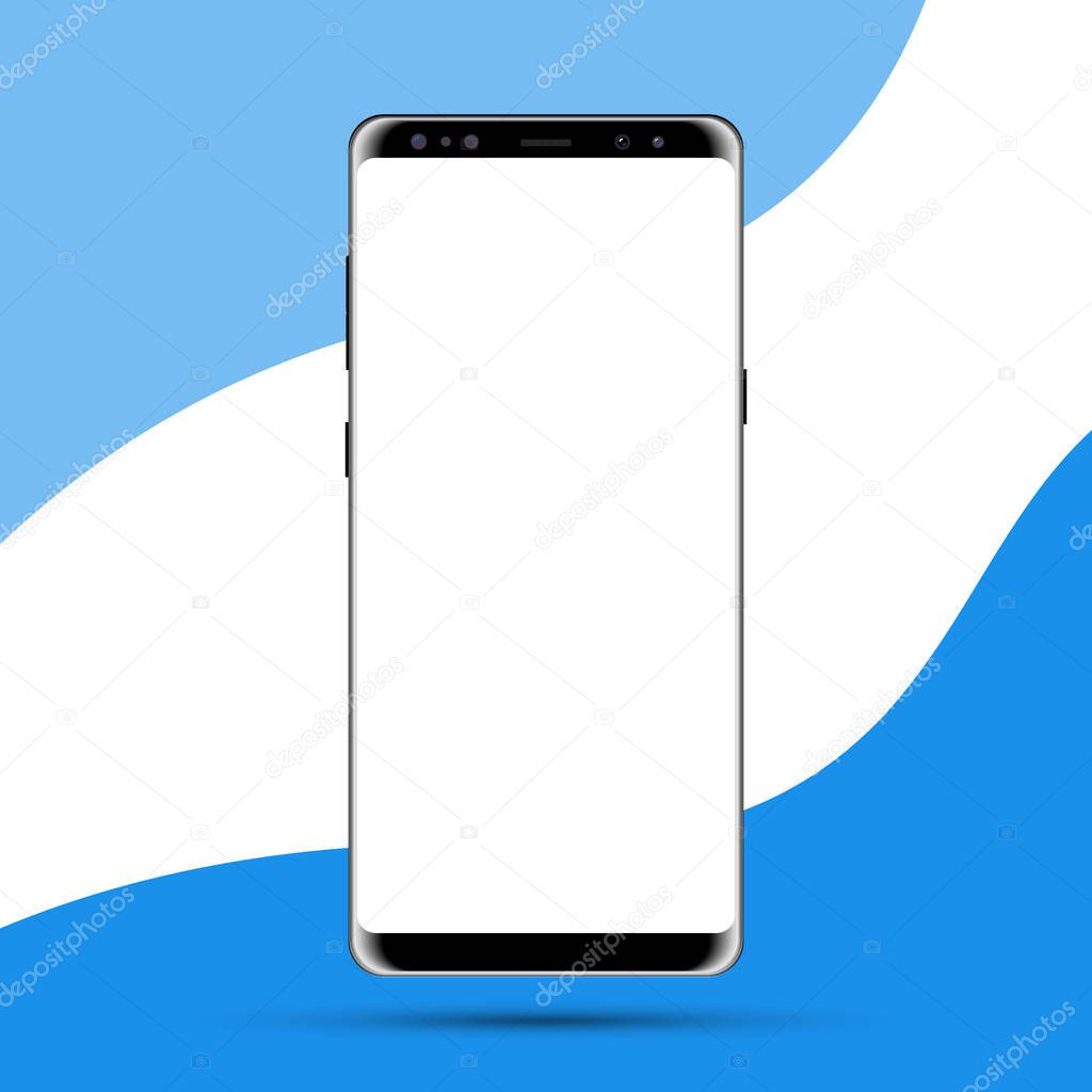 Blank screen of new modern realistic smartphone mockup for design of website, ad. Phone template on abstract blue background