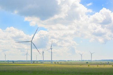 Yeşil alanda güneşli bir günde bir sürü büyük ve yüksek yel değirmeni. Alternatif enerji jeneratörleri. Rüzgar enerjisi. Ekoloji, tasarruf, enerji 
