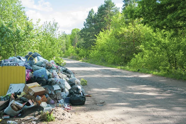 Despejo ilegal perto da estrada de areia do país no dia ensolarado. Poluição do lixo na natureza. Dirty dump perto de madeiras — Fotografia de Stock